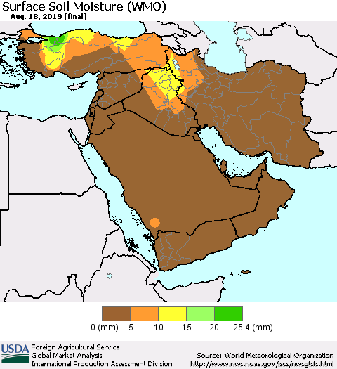 Middle East and Turkey Surface Soil Moisture (WMO) Thematic Map For 8/12/2019 - 8/18/2019