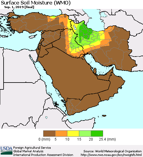 Middle East and Turkey Surface Soil Moisture (WMO) Thematic Map For 8/26/2019 - 9/1/2019