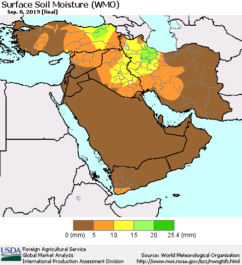Middle East and Turkey Surface Soil Moisture (WMO) Thematic Map For 9/2/2019 - 9/8/2019