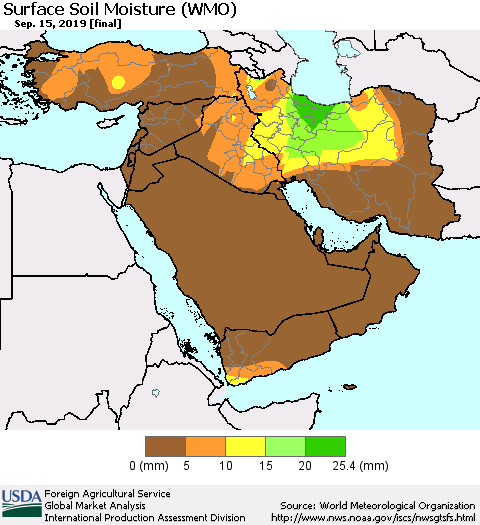 Middle East and Turkey Surface Soil Moisture (WMO) Thematic Map For 9/9/2019 - 9/15/2019