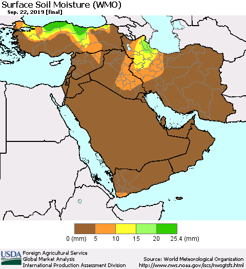 Middle East and Turkey Surface Soil Moisture (WMO) Thematic Map For 9/16/2019 - 9/22/2019