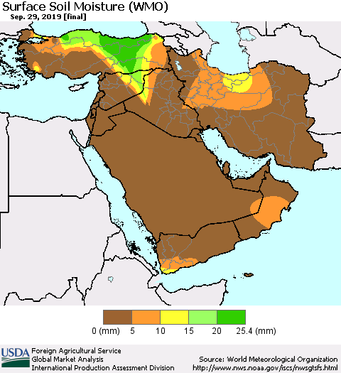 Middle East and Turkey Surface Soil Moisture (WMO) Thematic Map For 9/23/2019 - 9/29/2019