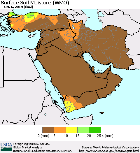 Middle East and Turkey Surface Soil Moisture (WMO) Thematic Map For 9/30/2019 - 10/6/2019