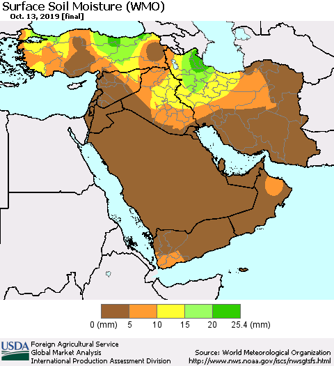 Middle East and Turkey Surface Soil Moisture (WMO) Thematic Map For 10/7/2019 - 10/13/2019