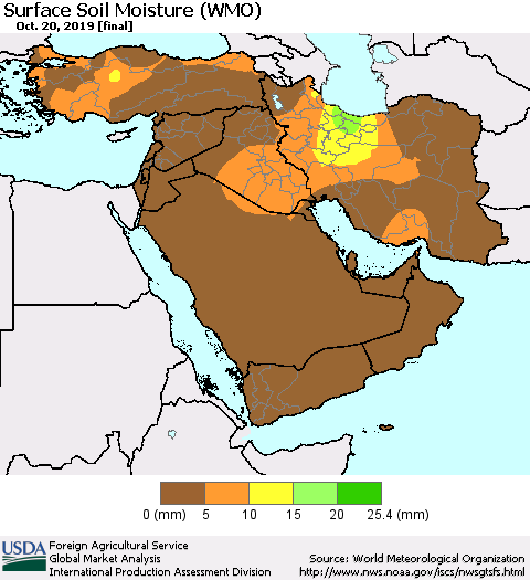 Middle East and Turkey Surface Soil Moisture (WMO) Thematic Map For 10/14/2019 - 10/20/2019