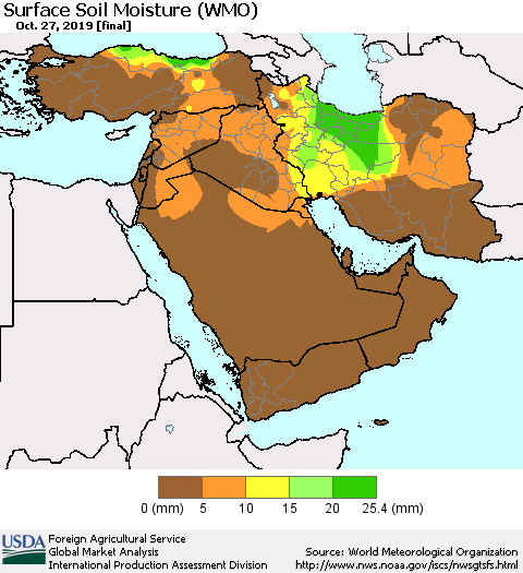 Middle East and Turkey Surface Soil Moisture (WMO) Thematic Map For 10/21/2019 - 10/27/2019