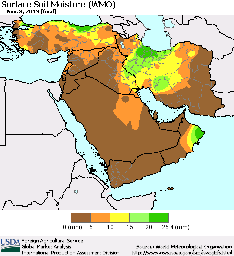 Middle East and Turkey Surface Soil Moisture (WMO) Thematic Map For 10/28/2019 - 11/3/2019