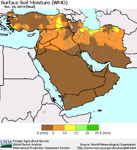 Middle East and Turkey Surface Soil Moisture (WMO) Thematic Map For 11/4/2019 - 11/10/2019