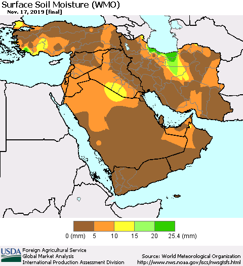 Middle East and Turkey Surface Soil Moisture (WMO) Thematic Map For 11/11/2019 - 11/17/2019
