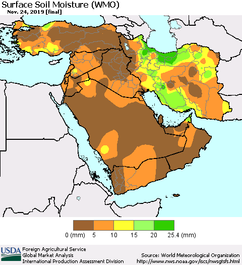 Middle East and Turkey Surface Soil Moisture (WMO) Thematic Map For 11/18/2019 - 11/24/2019