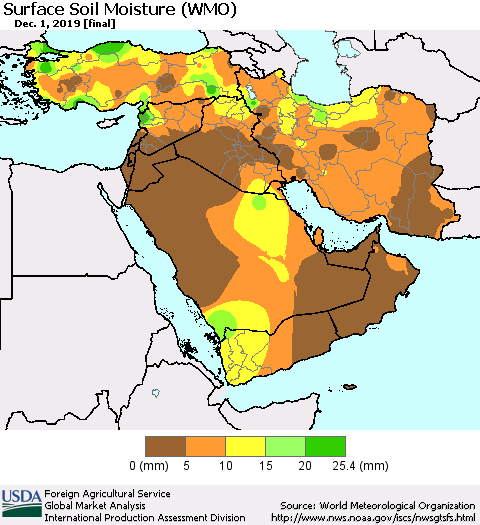 Middle East and Turkey Surface Soil Moisture (WMO) Thematic Map For 11/25/2019 - 12/1/2019