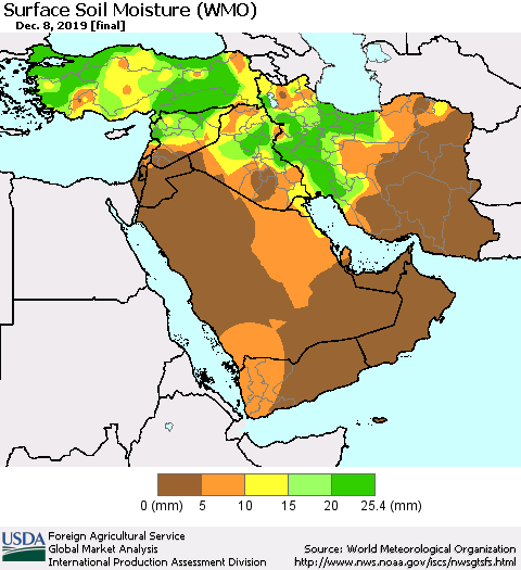 Middle East and Turkey Surface Soil Moisture (WMO) Thematic Map For 12/2/2019 - 12/8/2019