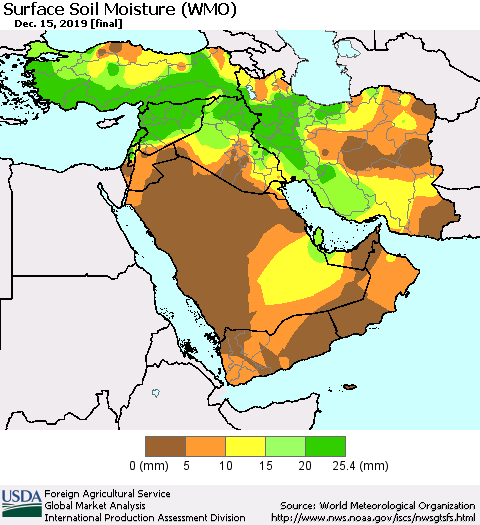 Middle East and Turkey Surface Soil Moisture (WMO) Thematic Map For 12/9/2019 - 12/15/2019