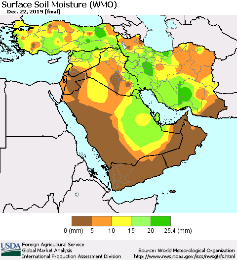 Middle East and Turkey Surface Soil Moisture (WMO) Thematic Map For 12/16/2019 - 12/22/2019