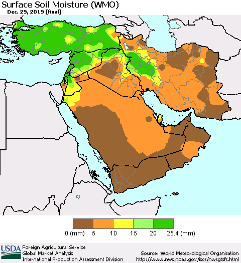 Middle East and Turkey Surface Soil Moisture (WMO) Thematic Map For 12/23/2019 - 12/29/2019