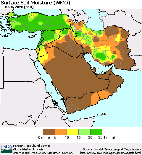 Middle East and Turkey Surface Soil Moisture (WMO) Thematic Map For 12/30/2019 - 1/5/2020