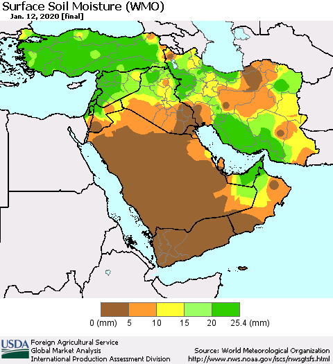 Middle East and Turkey Surface Soil Moisture (WMO) Thematic Map For 1/6/2020 - 1/12/2020