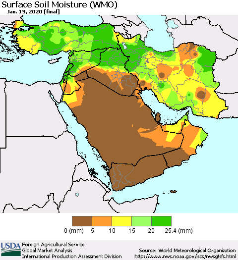 Middle East and Turkey Surface Soil Moisture (WMO) Thematic Map For 1/13/2020 - 1/19/2020