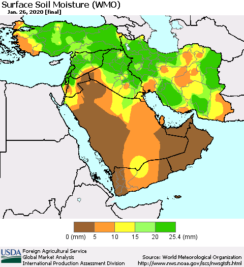 Middle East and Turkey Surface Soil Moisture (WMO) Thematic Map For 1/20/2020 - 1/26/2020