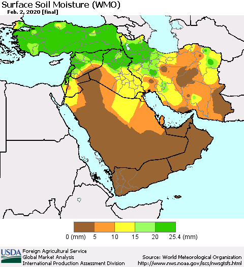 Middle East and Turkey Surface Soil Moisture (WMO) Thematic Map For 1/27/2020 - 2/2/2020