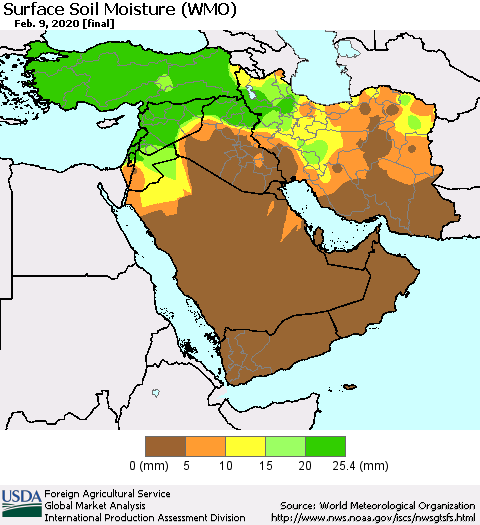 Middle East and Turkey Surface Soil Moisture (WMO) Thematic Map For 2/3/2020 - 2/9/2020