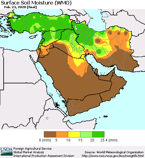 Middle East and Turkey Surface Soil Moisture (WMO) Thematic Map For 2/17/2020 - 2/23/2020
