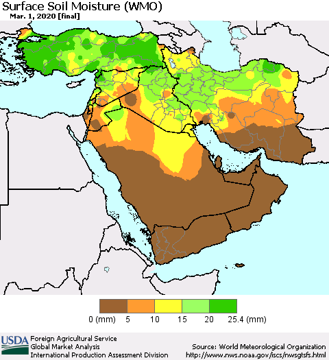 Middle East and Turkey Surface Soil Moisture (WMO) Thematic Map For 2/24/2020 - 3/1/2020