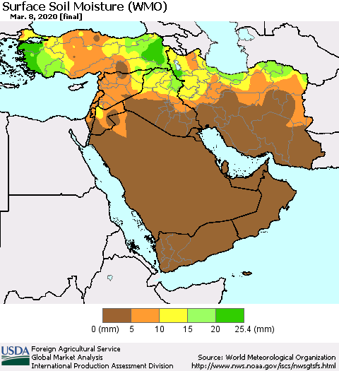 Middle East and Turkey Surface Soil Moisture (WMO) Thematic Map For 3/2/2020 - 3/8/2020