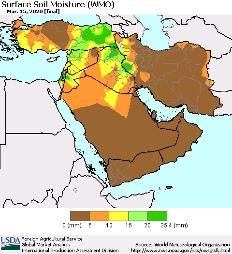 Middle East and Turkey Surface Soil Moisture (WMO) Thematic Map For 3/9/2020 - 3/15/2020