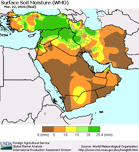 Middle East and Turkey Surface Soil Moisture (WMO) Thematic Map For 3/16/2020 - 3/22/2020