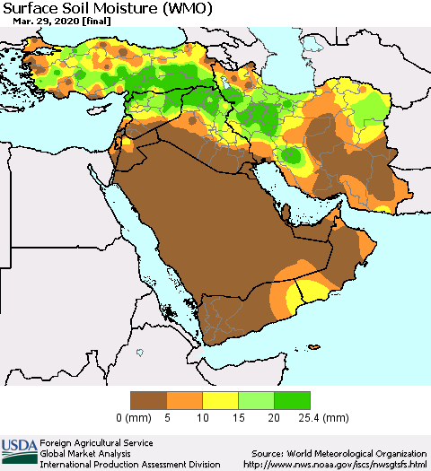 Middle East and Turkey Surface Soil Moisture (WMO) Thematic Map For 3/23/2020 - 3/29/2020