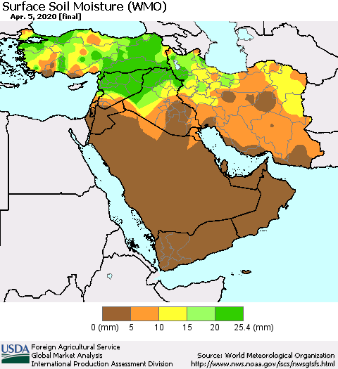 Middle East and Turkey Surface Soil Moisture (WMO) Thematic Map For 3/30/2020 - 4/5/2020