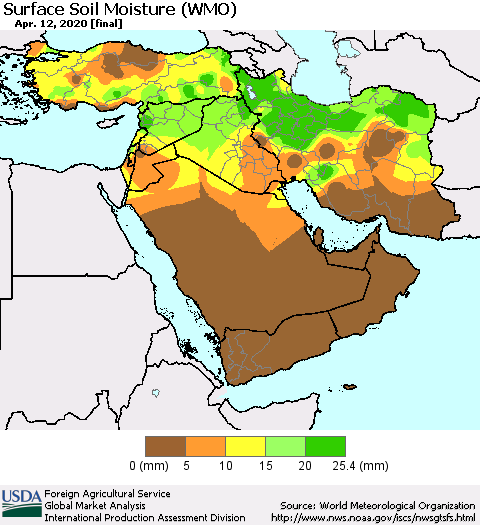 Middle East and Turkey Surface Soil Moisture (WMO) Thematic Map For 4/6/2020 - 4/12/2020
