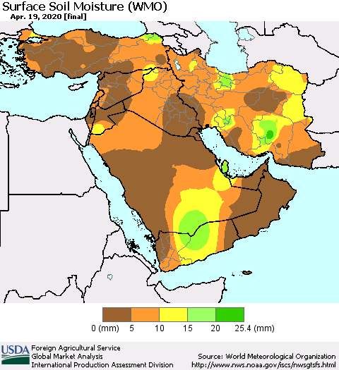 Middle East and Turkey Surface Soil Moisture (WMO) Thematic Map For 4/13/2020 - 4/19/2020