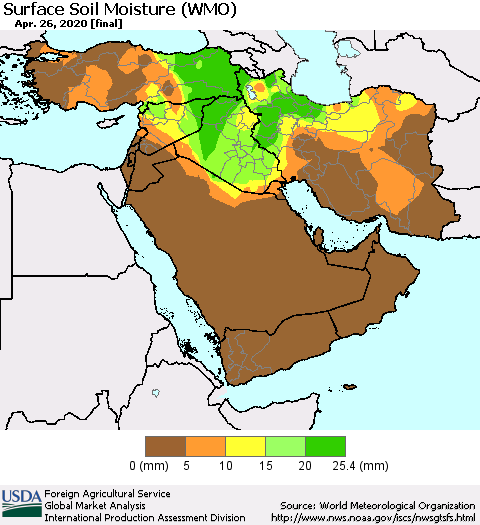 Middle East and Turkey Surface Soil Moisture (WMO) Thematic Map For 4/20/2020 - 4/26/2020