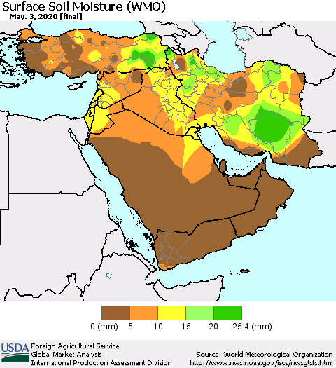 Middle East and Turkey Surface Soil Moisture (WMO) Thematic Map For 4/27/2020 - 5/3/2020