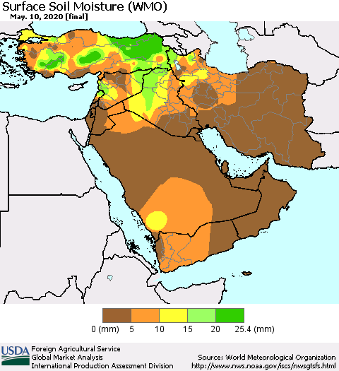 Middle East and Turkey Surface Soil Moisture (WMO) Thematic Map For 5/4/2020 - 5/10/2020
