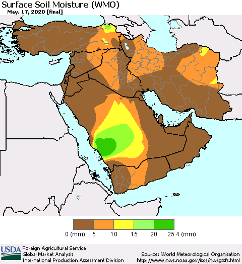Middle East and Turkey Surface Soil Moisture (WMO) Thematic Map For 5/11/2020 - 5/17/2020