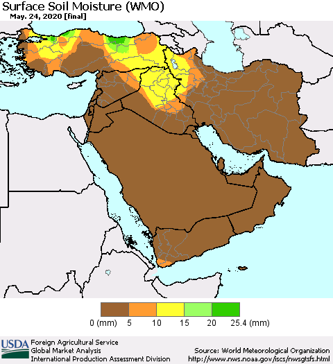 Middle East and Turkey Surface Soil Moisture (WMO) Thematic Map For 5/18/2020 - 5/24/2020