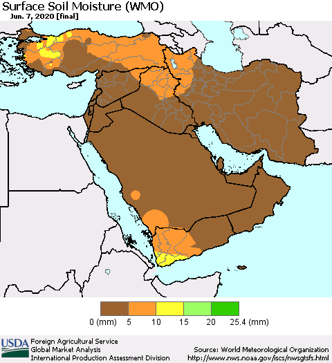 Middle East and Turkey Surface Soil Moisture (WMO) Thematic Map For 6/1/2020 - 6/7/2020