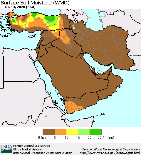 Middle East and Turkey Surface Soil Moisture (WMO) Thematic Map For 6/8/2020 - 6/14/2020