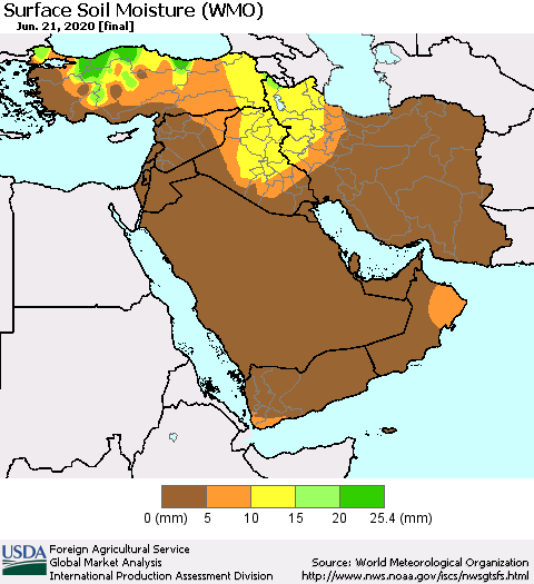 Middle East and Turkey Surface Soil Moisture (WMO) Thematic Map For 6/15/2020 - 6/21/2020