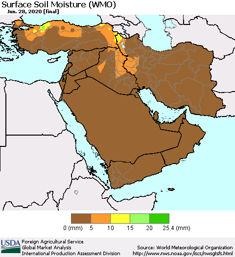 Middle East and Turkey Surface Soil Moisture (WMO) Thematic Map For 6/22/2020 - 6/28/2020