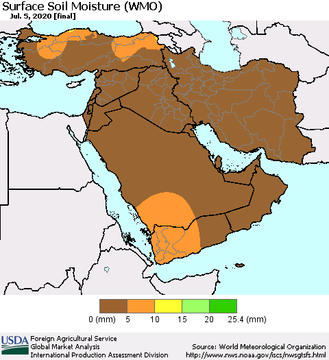 Middle East and Turkey Surface Soil Moisture (WMO) Thematic Map For 6/29/2020 - 7/5/2020