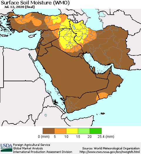 Middle East and Turkey Surface Soil Moisture (WMO) Thematic Map For 7/6/2020 - 7/12/2020