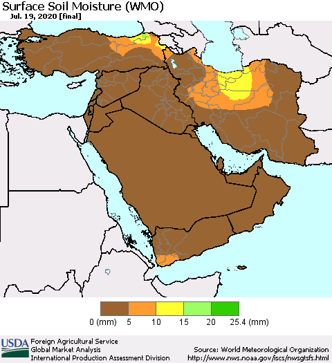 Middle East and Turkey Surface Soil Moisture (WMO) Thematic Map For 7/13/2020 - 7/19/2020