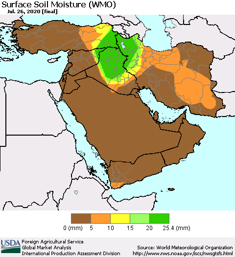 Middle East and Turkey Surface Soil Moisture (WMO) Thematic Map For 7/20/2020 - 7/26/2020