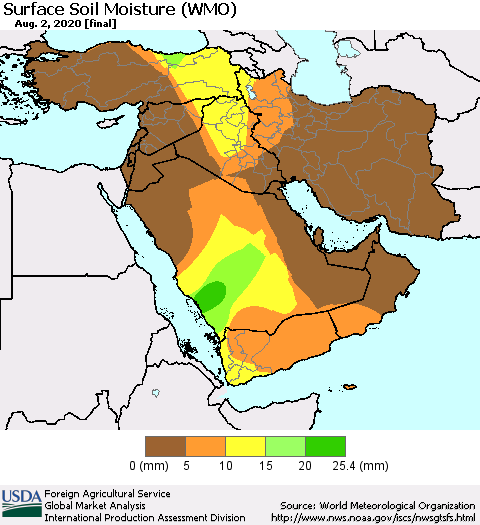 Middle East and Turkey Surface Soil Moisture (WMO) Thematic Map For 7/27/2020 - 8/2/2020