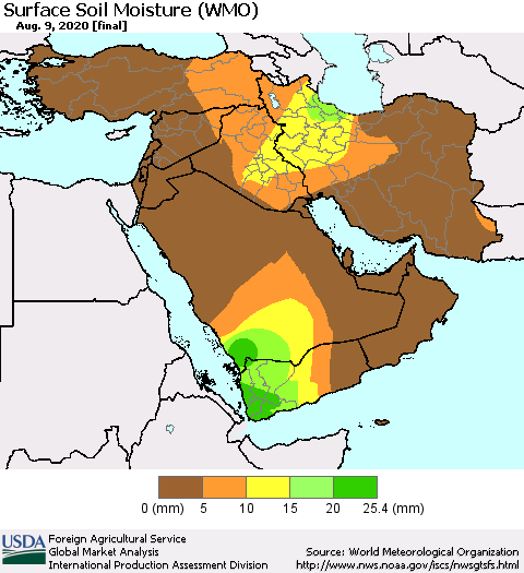 Middle East and Turkey Surface Soil Moisture (WMO) Thematic Map For 8/3/2020 - 8/9/2020