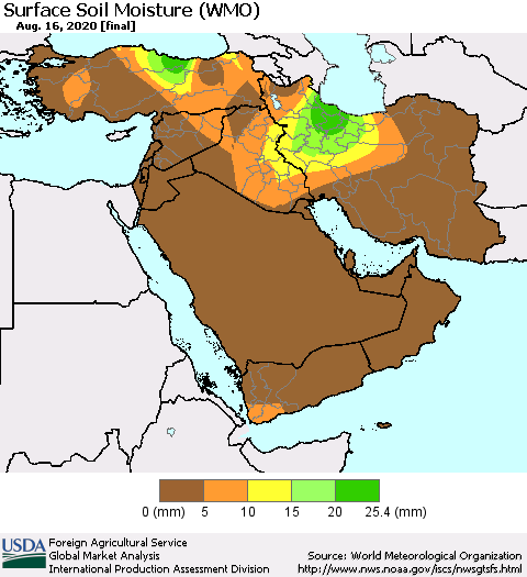Middle East and Turkey Surface Soil Moisture (WMO) Thematic Map For 8/10/2020 - 8/16/2020